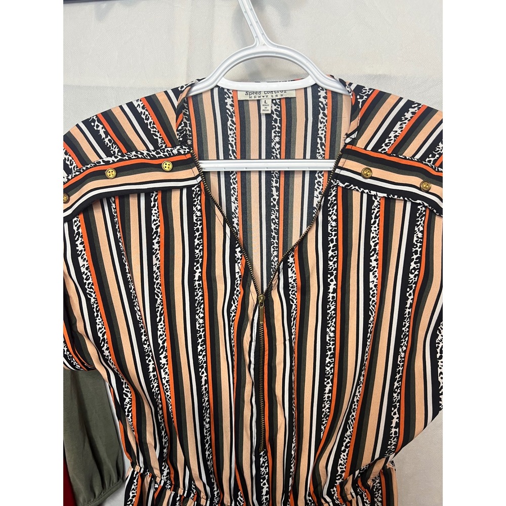 Speed Control New York Striped Animal Print Cinch Waist Zip Front Dress Large